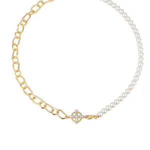 Gold chain pearl spliced necklace with a sparkling cross pendant for women fashion jewelry.