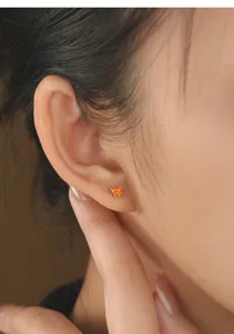Gedetailleerd overzicht van subtiele S925 zilveren oranje edelsteen klaver oorknopjes.