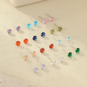 999 Silver Round Rhinestone Stud Earrings Geometric Colorful Electroplated Piercing Jewelry For Unisex Everyday Wear
