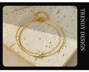 Brazalete minimalista de plata esterlina 925 chapada en oro de doble capa circonita
