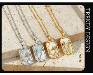 Copper plated 18K gold twelve constellations necklace with white mother of pearl pendant.