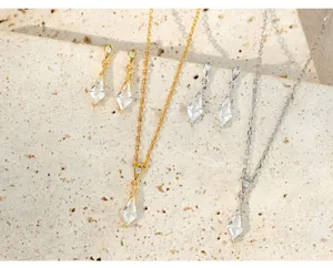 Close-up of S925 sterling silver clear diamond-shaped crystal necklace and earrings jewelry set.