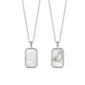 Libra zodiac mother of pearl rectangular pendant necklace pair, elegant silver chain jewelry.