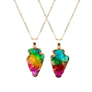 Natural Clear Quartz Crystal Arrow Pendant Electroplated Colorful Raw Stone Arrowhead Pendant Only Fashion Jewelry Gift