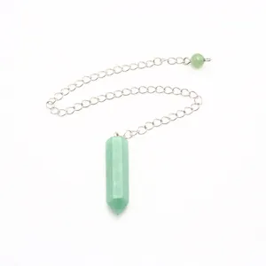 Green crystal hexagonal pillar pendulum pendant detail, natural quartz crystal.