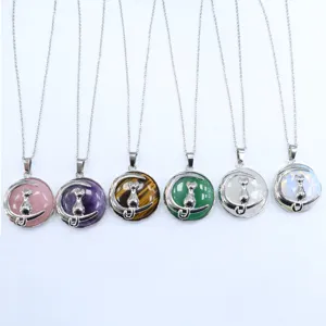 Natürlicher Kristall Mond Katze Anhänger Halskette Edelstahl Kette Halbedelstein Tier Schmuck Für Damen Geschenk