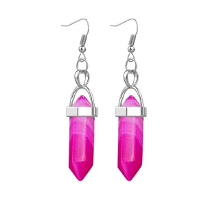 Pink crystal agate hexagonal bullet pendant earrings silver hooks detail view jewelry