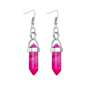 Detailed shot of natural pink crystal agate hexagonal pillar hook earrings for women fashion.