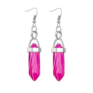 Natural crystal hexagonal column earrings pink bullet stone dangles fashion jewelry for women