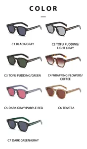 Multiple color variations of stylish polygonal sunglasses showing different frame and lens shades.