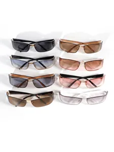 Detail shot of trendy Y2K metallic sunglasses featuring multi-color gradient lenses and sleek frames.