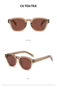 Detailed view of trendy polygon frame sunglasses featuring brown lenses and chic design.