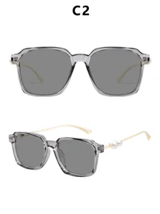 Quadratische Perlen Sonnenbrille Damen Mode Trend Grau Klare Fassung Chic Sommer Brille