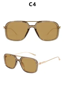 Retro square double bridge sunglasses detail view showing translucent frame and amber lenses.