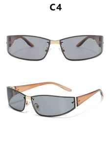Y2K metal sunglasses for women, trendy rimless grey lenses with stylish brown temples.