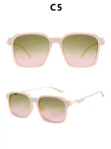 Damen Quadratische Sonnenbrille mit Perlen und Farbverlauf Gläsern, rosa stylische Trend Brille.