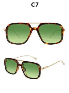 Women's vintage square double bridge sunglasses with green gradient lenses and tortoise frame.