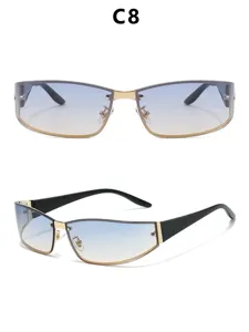 Close-up detail of Y2K metal sunglasses with gradient lenses and sleek black temples.