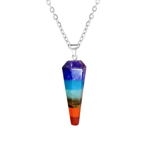 Seven chakra crystal pendant necklace hexagonal column pendulum natural stone jewelry detail