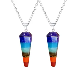 Close-up detail of the multi-layer seven-color crystal hexagonal column pendulum pendant.