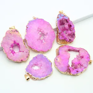 Natürlicher Achat Geode Anhänger Unregelmäßiger Kristall Rohstein Galvanisierter Goldrand Druzy Anhänger Nur Für DIY Halskette
