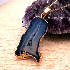 Natural blue agate geode slice pendant necklace with gold plated edge and fine chain for women.