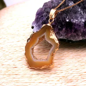 Natural agate geode pendant gold plated bezel necklace raw crystal jewelry accessory.