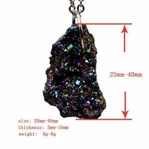Iridescent raw agate crystal cluster pendant detail view showing dimensions and stone texture.