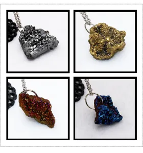 Detailed view of natural agate geode crystal cluster pendant necklace in assorted colors.