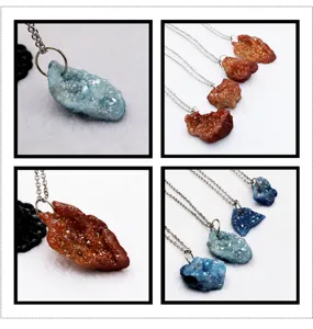 Details of natural rough crystal agate stone pendant necklace colorful irregular drop jewelry parts.