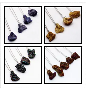 Natural agate crystal druzy pendant necklace irregular raw stone jewelry accessory detail.