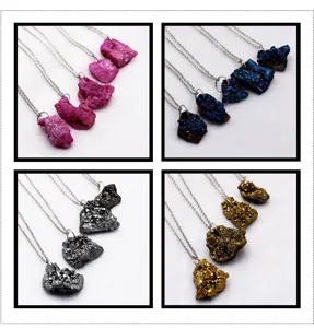 Natural raw druzy agate crystal pendant necklace irregular geometric drop jewelry accessory.