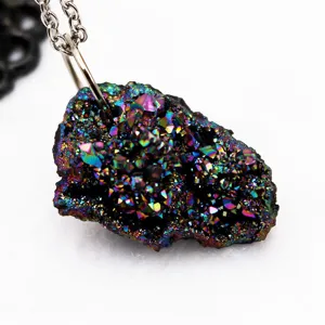 Natural Agate Druzy Geode Pendant Irregular Rainbow Raw Stone Pendant Only Without Chain For DIY Jewelry Making Women