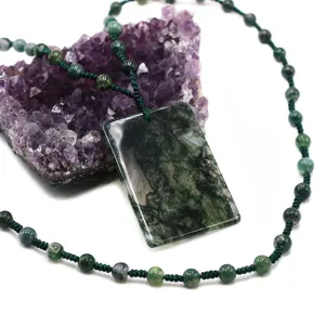Collana con Ciondolo Quadrato in Agata Muschiata Naturale Per Uomo Donna Pietra Calcedonio Lucidata Accessorio Gioielli
