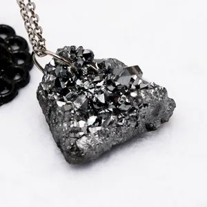 Natural black druzy crystal stone necklace pendant raw gemstone irregular jewelry accessory for women