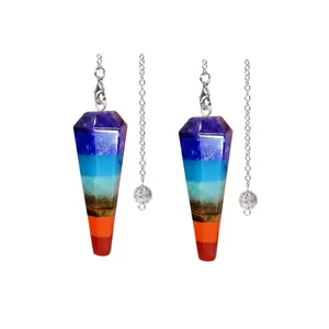 Natural seven chakra crystal hexagonal pillar pendulum pendant with chain for yoga healing.