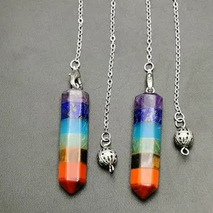 Crystal energy chakra seven color hexagonal column pendulum pendant necklace with metal chain.