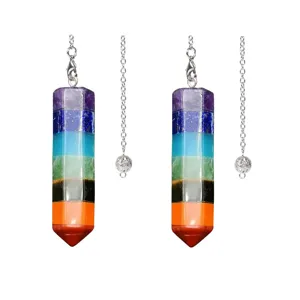 Natural stone 7 chakra crystal hexagonal pillar pendulum pendant necklace with silver chain.