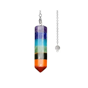 Natural 7 Chakra Crystal Hexagonal Pillar Pendulum Pendant with Chain for Necklace Jewelry