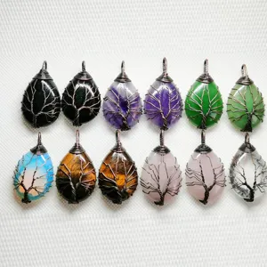 Handgemaakte Kristal Omwikkeld Levensboom Natuursteen Waterdruppel Alleen Hanger Koperen Sieraden Cadeau Vrouwen Mannen
