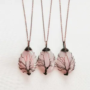 Natuurlijke rozenkwarts edelsteen levensboom draad gewikkelde ketting dame sieraden
