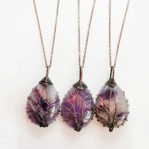 Handgemaakte Amethist Draad Gewikkelde Levensboom Druppel Hanger Halsketting Sieraden