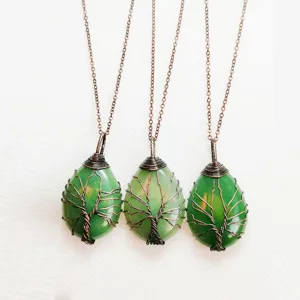 Kristalen druppel levensboom draad gewikkelde natuursteen hanger ketting voor dames