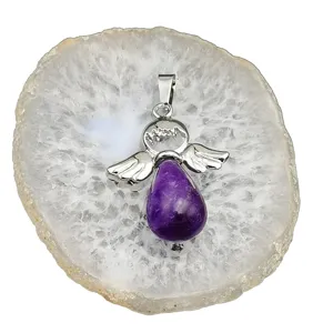 Collana con ciondolo ad ala d'angelo in cristallo di ametista naturale, gioiello con pietra preziosa.