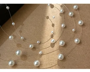 Gros plan détaillé d'un collier choker de perles flottantes multicouche sur papier texturé.