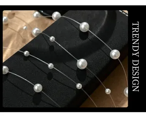 Vue de detail du collier ras-de-cou en perles fil invisible, presentant des perles eparpillees.