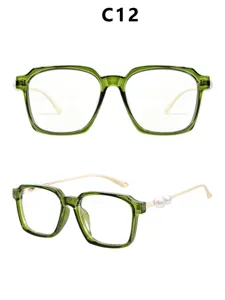 Grüne quadratische Damen Brille mit eleganten Perlen Bügeln klare Gläser modische Brillenfassung