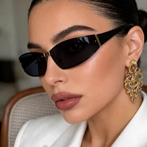 Trendy metal Y2K sunglasses for women, chic black narrow frame street style fashion eyewear