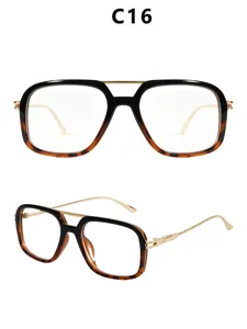 Detailed view of retro square double bridge glasses frame with gold metal temples and tortoise.