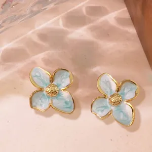 Orecchini a lobo con fiori smaltati blu stile retrò francese gioielli da donna